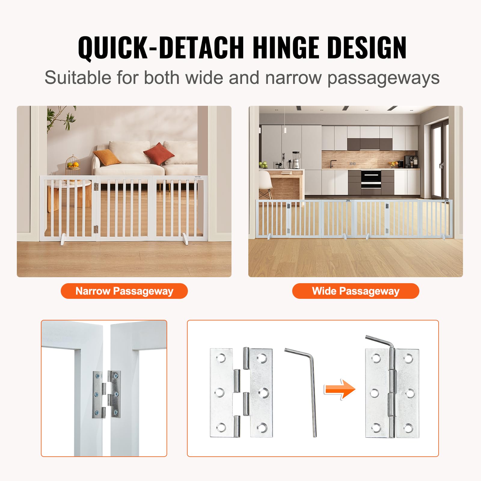 VEVOR Freestanding Dog Gate, Wooden Free Standing Pet Gate 60 W x 24 H,4 Panels Foldable Dog Gate for Wide & Narrow Passageways,